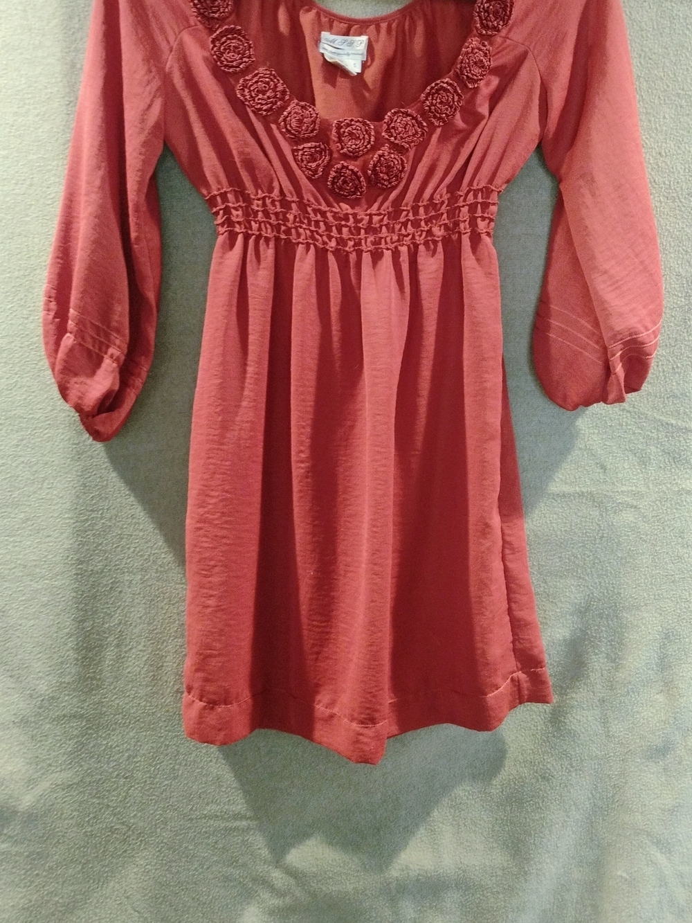 2/$15 Smocked Waist Rose-Red Long Sleeve Scoop Neck Dress